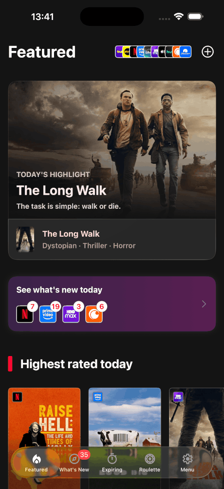 Upflix Featured home screen with today's highlighted title and daily release counts per streaming service