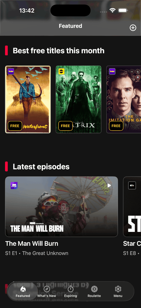Upflix section showing the best free movies this month on Tubi and the latest streaming episodes