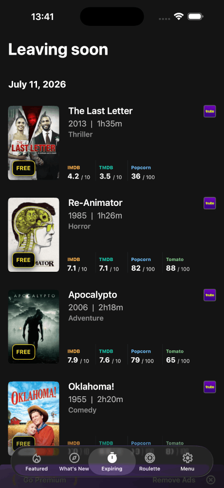 Upflix Leaving Soon screen listing movies about to leave streaming services, including free titles