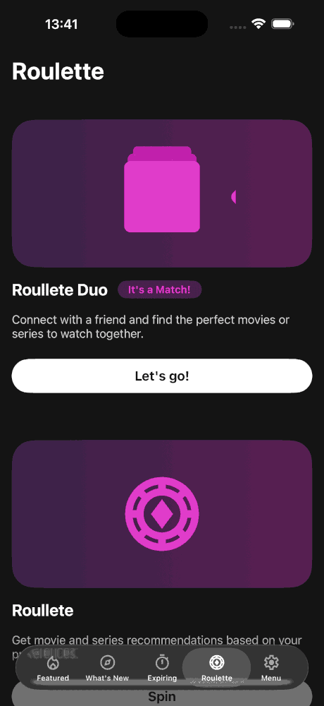 Upflix Roulette Duo screen for finding a movie match with a friend, Tinder-style