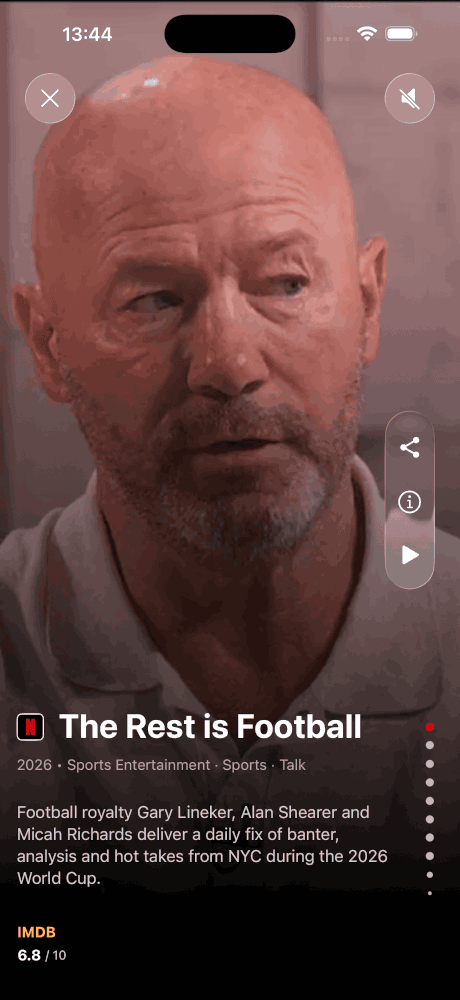 Upflix full-screen trailer view of a new Netflix series with description and IMDb rating