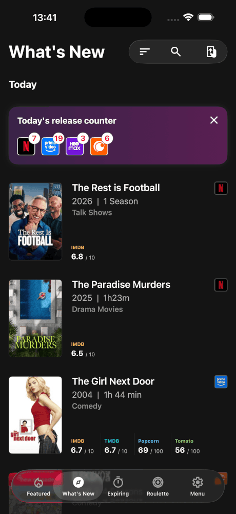 Upflix What's New feed listing today's streaming releases with IMDb and TMDB ratings and service badges